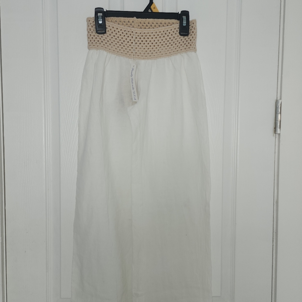 Elan Cream Wide-Leg Pants with Tan Waistband